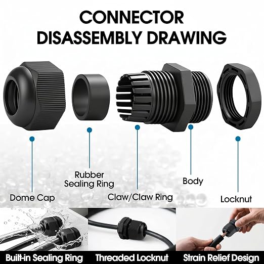 25 Pack Cable Gland Kit – IP68 Waterproof Nylon Cord Grip Connectors PG9 - Image 3