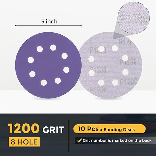 HARFINGTON 10Pcs 5Inch Sanding Disc 8 Hole 1200Grit Purple Aluminum Oxide | - Image 2