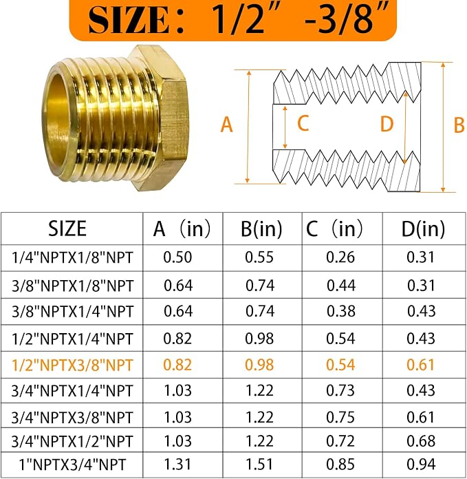 2 Pcs Brass Bushing 1/2" Male to 3/8" Female, 1/2" to 3/8" NPT Adapter Hex - Image 2
