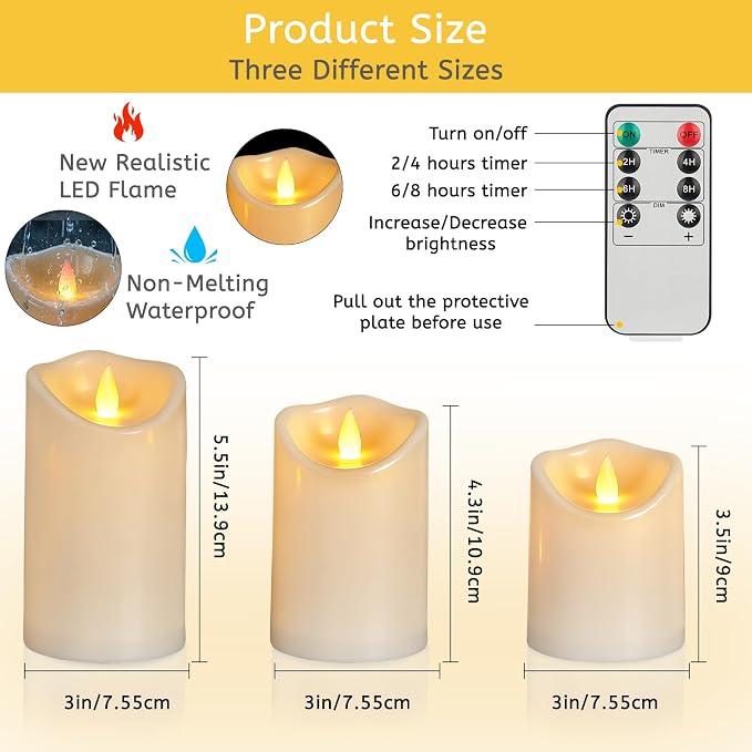 Flameless Candles 4" 5" 6" Set of 9 Outdoor Indoor Pillars Battery Operated - Image 3
