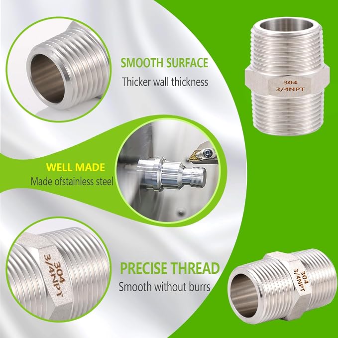 2PCS Hex Nipple 3/4" x 3/4" Male Pipe Fittings, 304 Stainless Steel 3/4 inch - Image 4