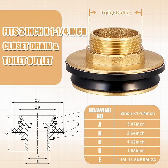 Zonon 3 Pcs 2 Inch x 1-1/4 Inch Brass Closet Spud Urinal Spud Flush Valve Parts - Image 3