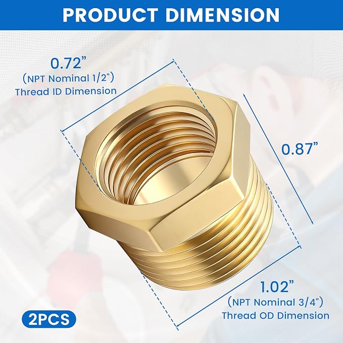 Brass Reducer Hex Bushing, 3/4" Male NPT to 1/2" Female NPT, Heavy Duty - Image 2