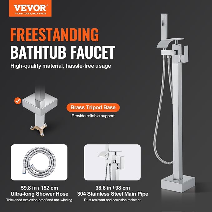 VEVOR Freestanding Bathtub Faucet, Floor Mount, Freestanding Tub Filler - Image 2