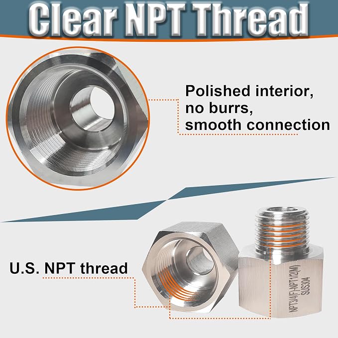 3/4 Inch Female to 1/2 Inch Male Reducer Adapter, 304 Stainless Steel NPT - Image 4