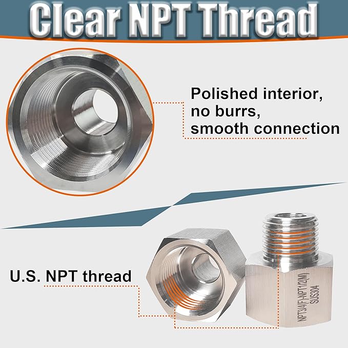 3/8" MNPT X 1/2" FNPT Reducer Adapter, 304 Stainless Steel NPT Thread Reducing - Image 2