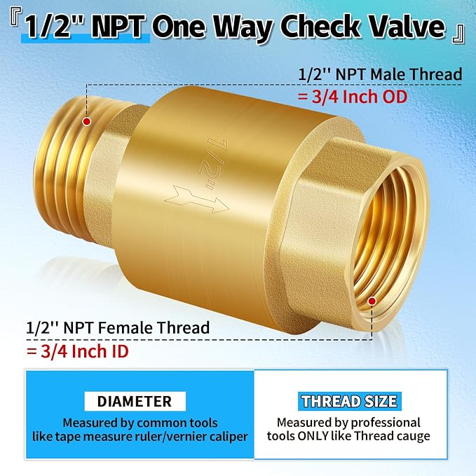 2Pcs 1/2in NPT Spring Check Valve, Brass Non Return One Way Check Valve - Image 2