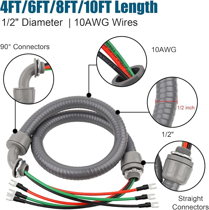 4FT Non-Metallic Liquid-Tight Conduit Kit, 1/2" Pre-Wired Electrical Whip - Image 4
