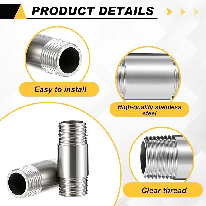 2 Pcs 304 Stainless Steel Pipe Fittings 1/2" Npt x 1/2" Npt Male Threaded 2" - Image 3