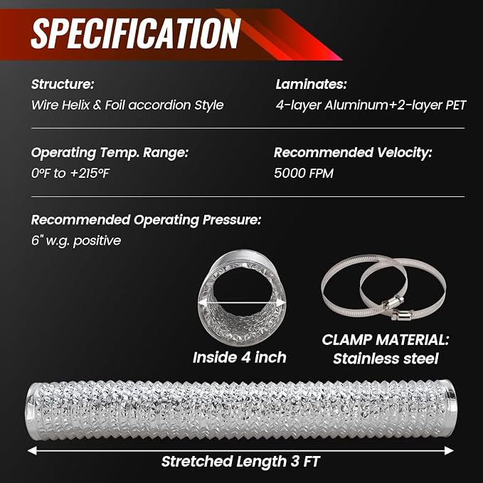 4 Inch 3 FT Flexible Dryer Vent Hose, 6-Ply Aluminum Foil Dryer Vent Kit - Image 5