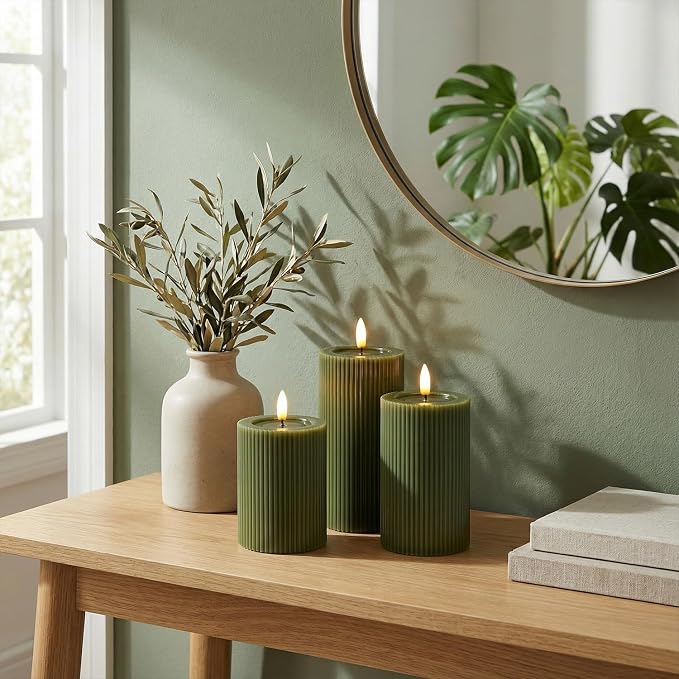 Ribbed Fluted Real Wax Flameless LED Pillar Candles, Loden Sage Olive Green - Image 2
