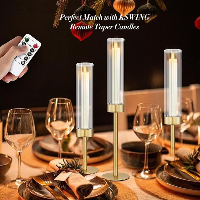 Glass Hurricane Candlestick Holders Gold, KSWING Set of 3 Taper Candle Holders - Image 2