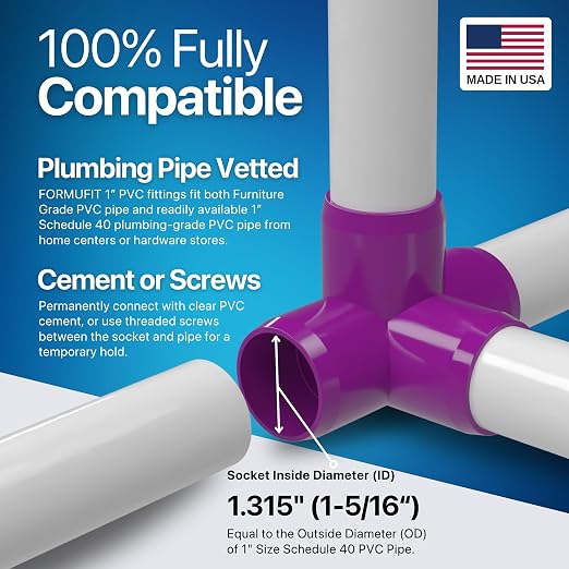 1” 4-Way Tee Furniture Grade PVC Fitting in Purple, Made in USA, UV-Resistant - Image 5