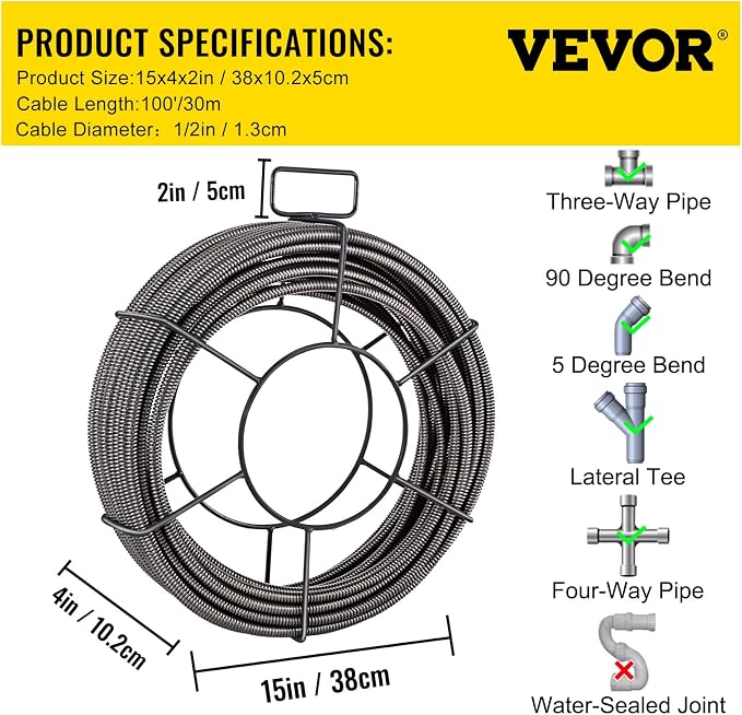 VEVOR Drain Cleaning Cable 100 ft x 1/2 inch Solid Core Cable Sewer Cable - Image 7