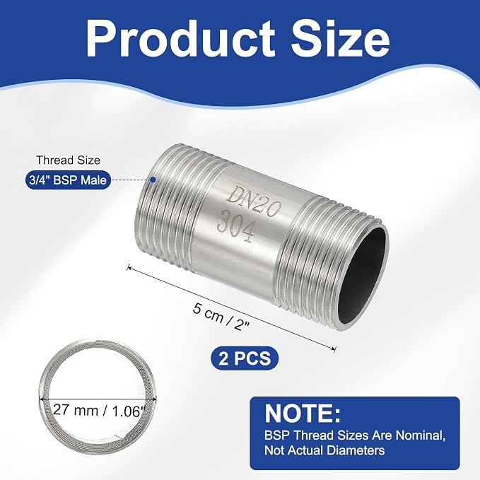 PATIKIL 304 Stainless Steel Pipe Fitting, 2 Pack 3/4" BSP Male x 3/4" BSP Male - Image 2