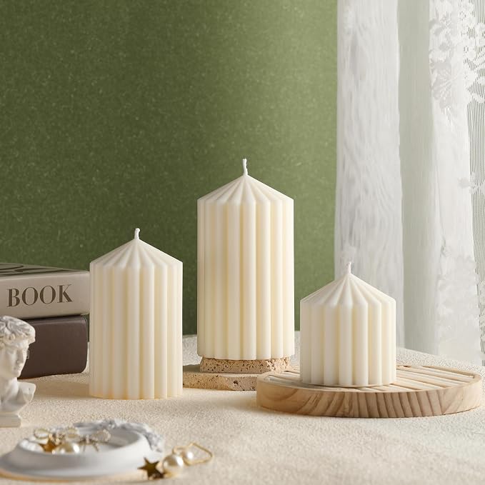 Conelist Set of 3 White Ribbed Pillar Candles Soy Wax Scented Ribbed Candle | - Image 4