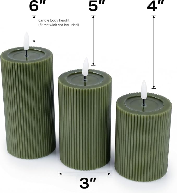 Ribbed Fluted Real Wax Flameless LED Pillar Candles, Loden Sage Olive Green - Image 4
