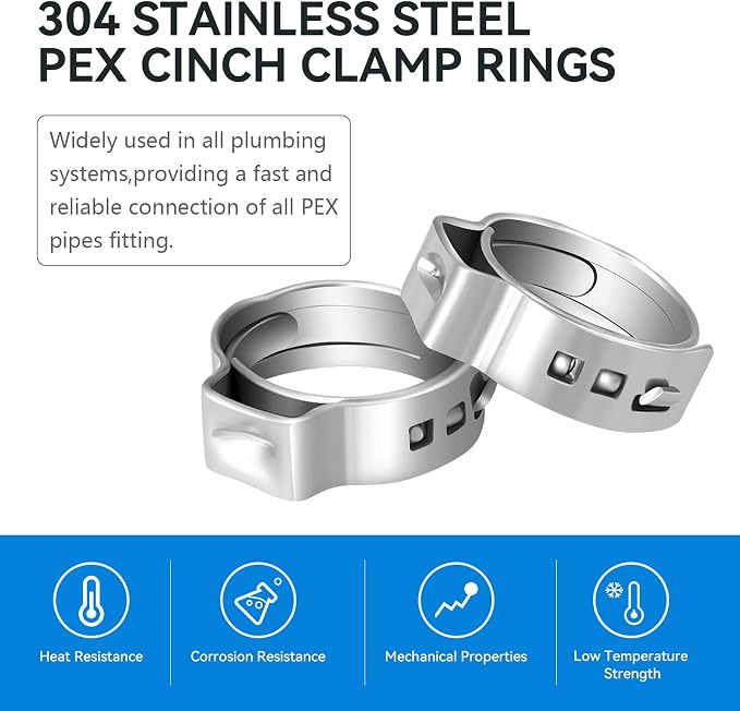 200 Pack GUOFIS 1/2 Inch Pex Cinch Clamp Rings, Premium 304 Stainless Steel | - Image 3
