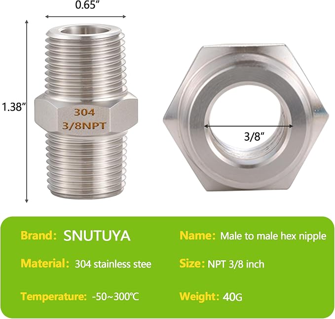 2PCS Hex Nipple 3/8" x 3/8" Male Pipe Fittings, 304 Stainless Steel 3/8 inch - Image 2