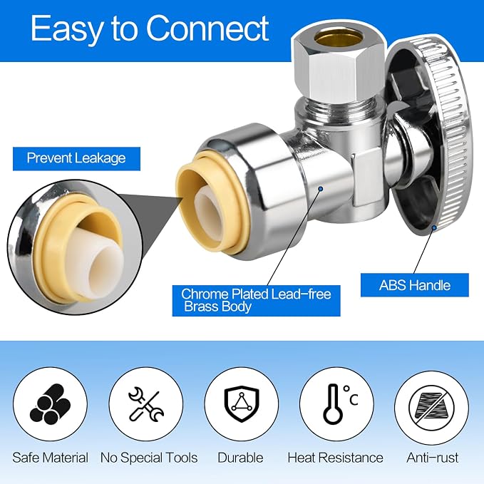 2pcs Angle Stop Valve, 1/2" PTC Input, 3/8" OD Compression Output | - Image 3