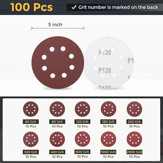 HARFINGTON 100Pcs 5Inch Sanding Disc 8 Hole Hook and Loop Sandpaper Red | - Image 2