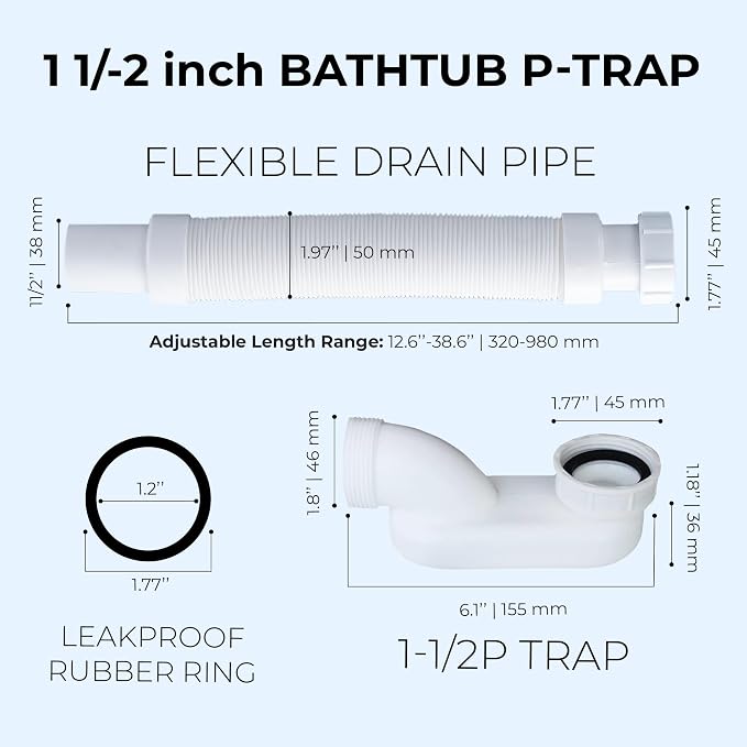 Bathtub Shower Drain Pipe, Flexible Freestanding Tub Drain Kit, 1 1/2 inch - Image 3