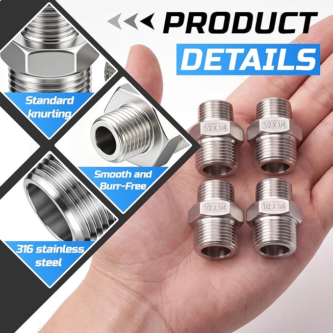 1/2" Mnpt to 1/4" Mnpt Male to Male 4 Pcs Hex Bushing Nipple Reducer, 316 - Image 3