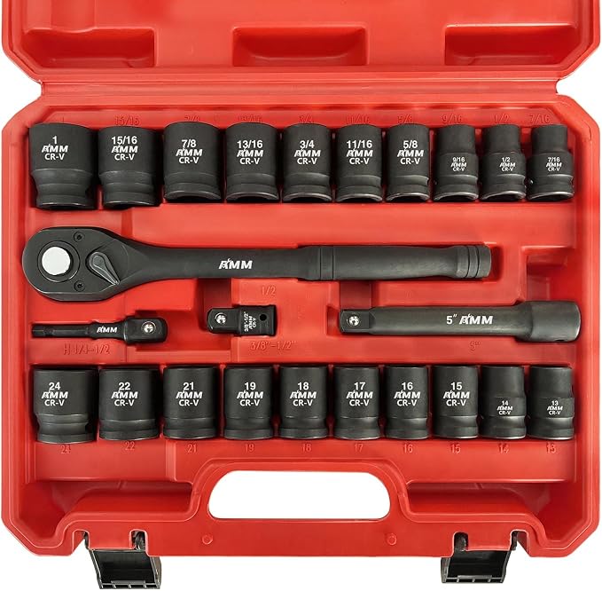 AMM 1/2" Drive Master Impact Socket Set, 24-Piece Shallow Standard SAE & Metric by AMMTOOL