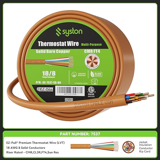 Syston 18/8 Thermostat Doorbell HVAC Heating Control Cable Wire, 18 AWG 8 - Image 2