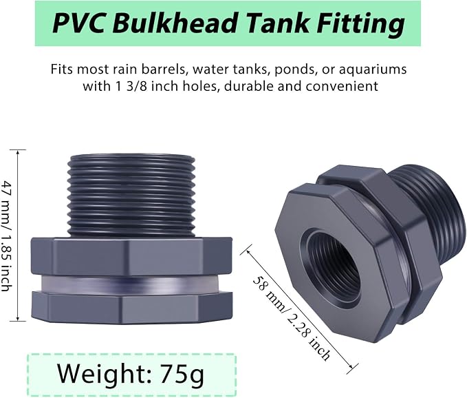 Outus 2 Pieces 3/4 Inch PVC Bulkhead Fitting, Rain Barrel Tank Adapter | - Image 2