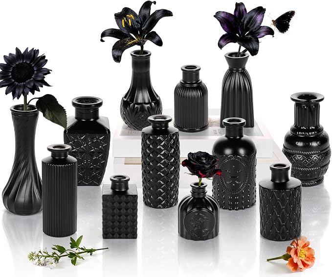Black Glass Bud Vase Set of 12 Pcs, Small Bud Vases in Bulk, Glass Crystal by JXINDUJU