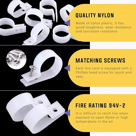Swpeet 60 Pack White 1 Inch Nylon Plastic R-Type Cable Clips Clamp Kit - Image 3