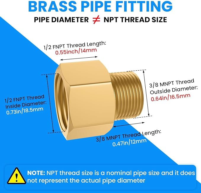SDTC Tech 2-Pack Brass Pipe Fitting 3/8 NPT Thread Male to 1/2 NPT Thread - Image 2