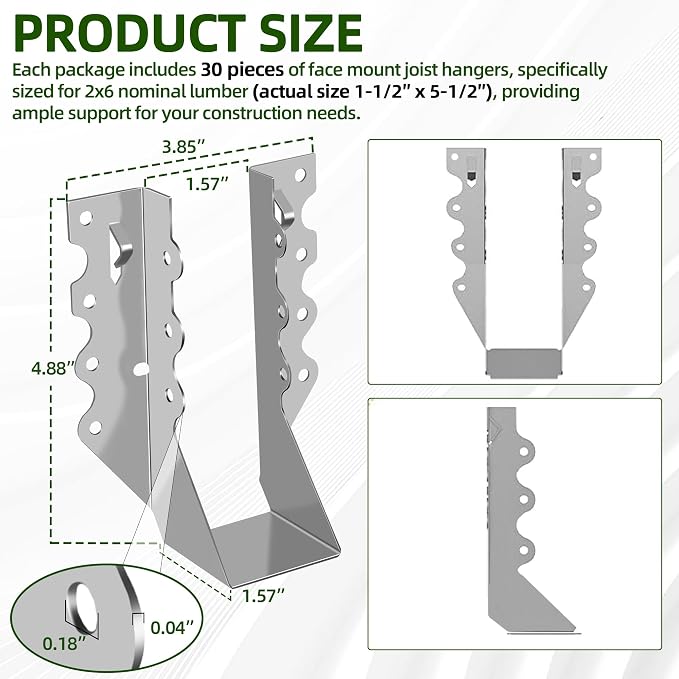 Calvana 2x6 Steel Joist Hangers, 20 Gauge Double Shear Face Mount Rafter - Image 2