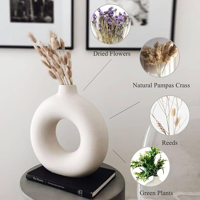 White Ceramic Donut Vase Set of 2, Hollow Matte Pampas Flower Vases - Image 8