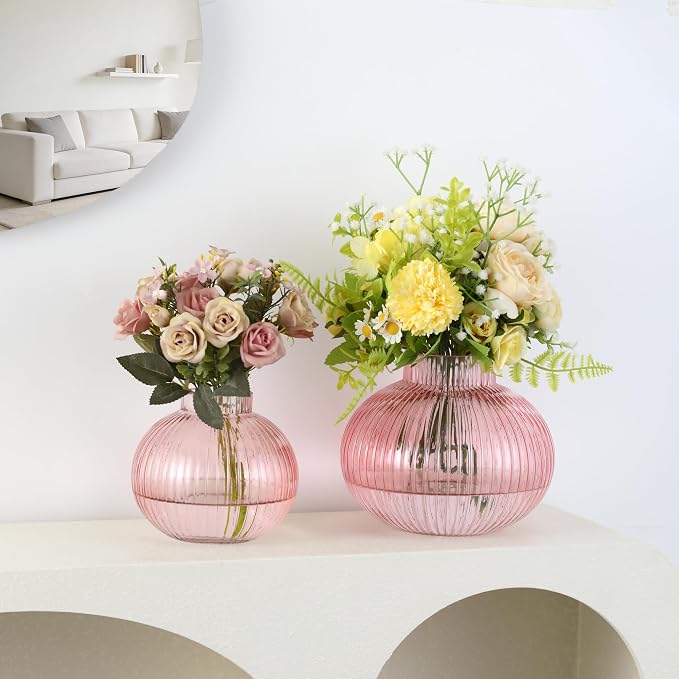 Pink Glass Vases for Tulips, Flower Vases for Bouquet, Ribbed Glass Vase for - Image 6