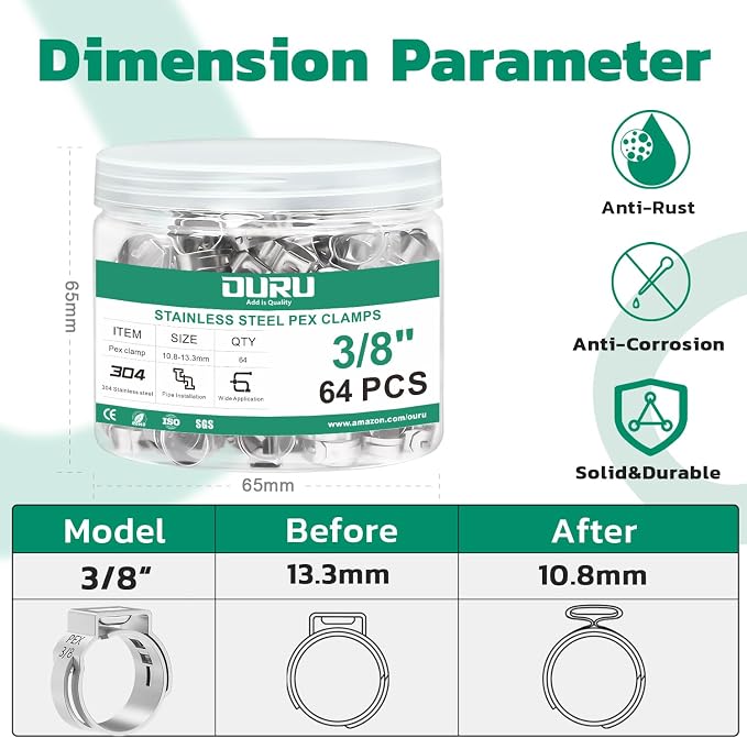 OURU 64PCS 3/8 Pex Crimp Rings, 304 Stainless Steel Pex Fittings | - Image 2