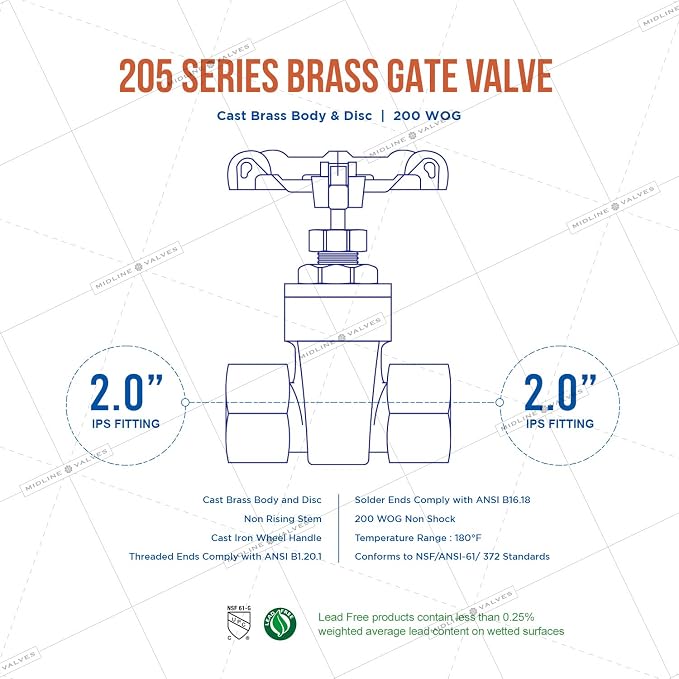 Midline Valve 427U224-5 Gate Valve, Lead Free, 2 in. FIP Connection, Cast Brass - Image 6