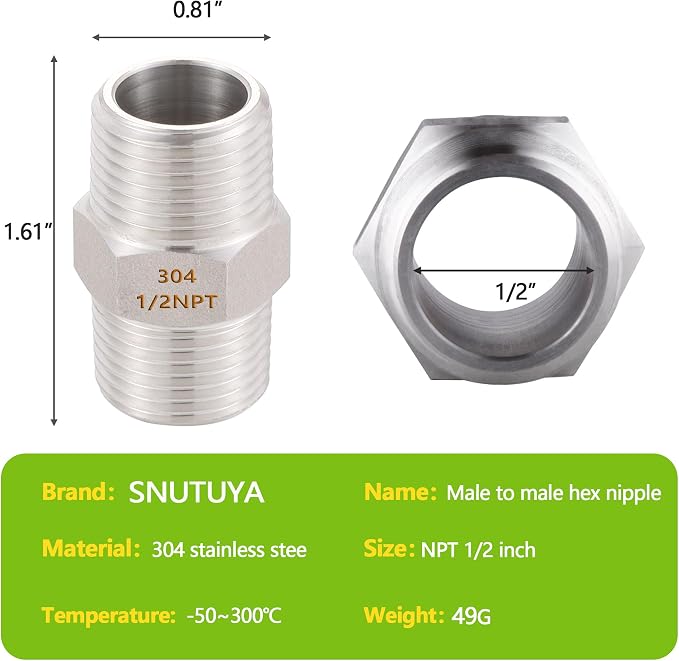 4PCS Hex Nipple 1/2" Male x 1/2" Male Pipe Fittings, 304 Stainless Steel 1/2 - Image 4