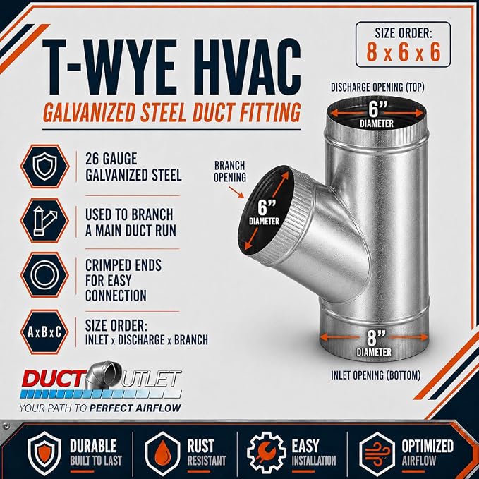 8" x 6" x 6" T-Wye HVAC Duct Fitting, 26 Gauge Galvanized Steel Round Duct - Image 2