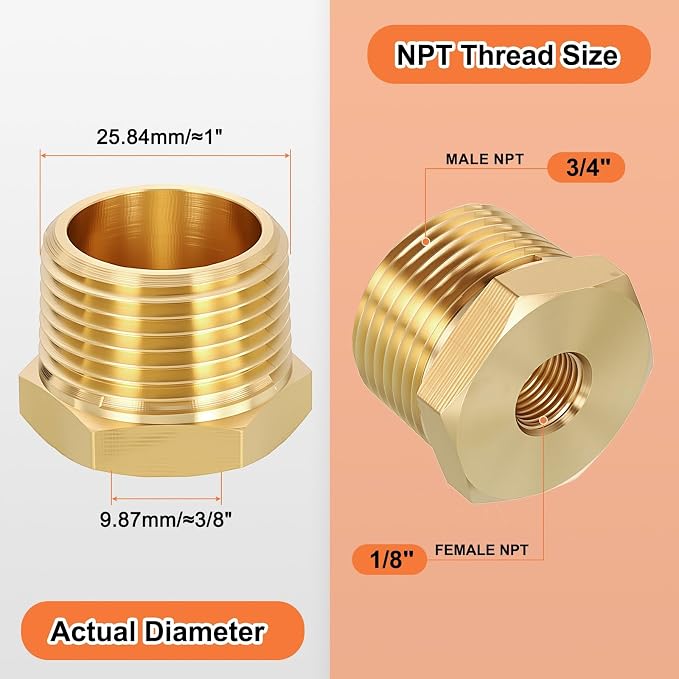 2 Pack Male to FeMale Adapter, 3/4" NTP Male x 1/8" NTP Female Brass Hex - Image 2