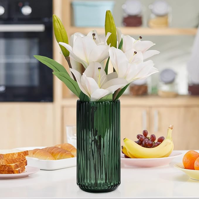 Flower Vase 10 inch Green Thickened Hand Blow Glass Vase Round Vintage Striped - Image 5