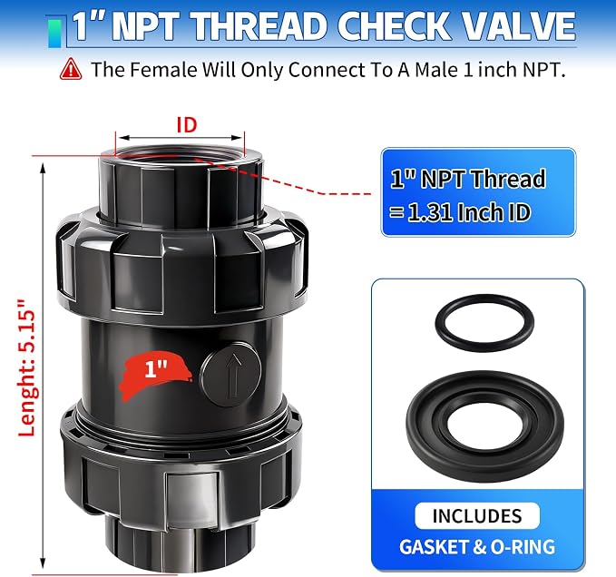 1 inch NPT PVC Check Valve, SCH80 Full Port Water Pump Ball Check Valve | UPVC - Image 2