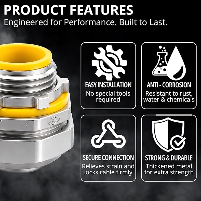 10-Pack Liquid Tight Connector Straight 1/2 Inch UL Listed | Zinc die-cast metal - Image 3