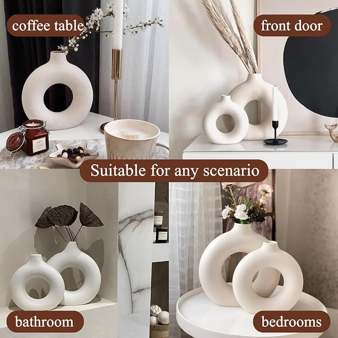 White Ceramic Donut Vase Set of 2, Hollow Matte Pampas Flower Vases - Image 5