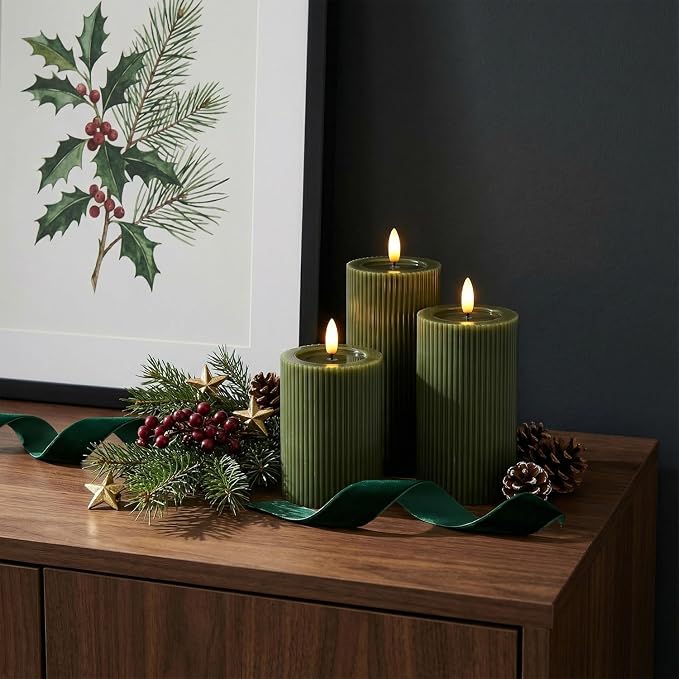 Ribbed Fluted Real Wax Flameless LED Pillar Candles, Loden Sage Olive Green - Image 6