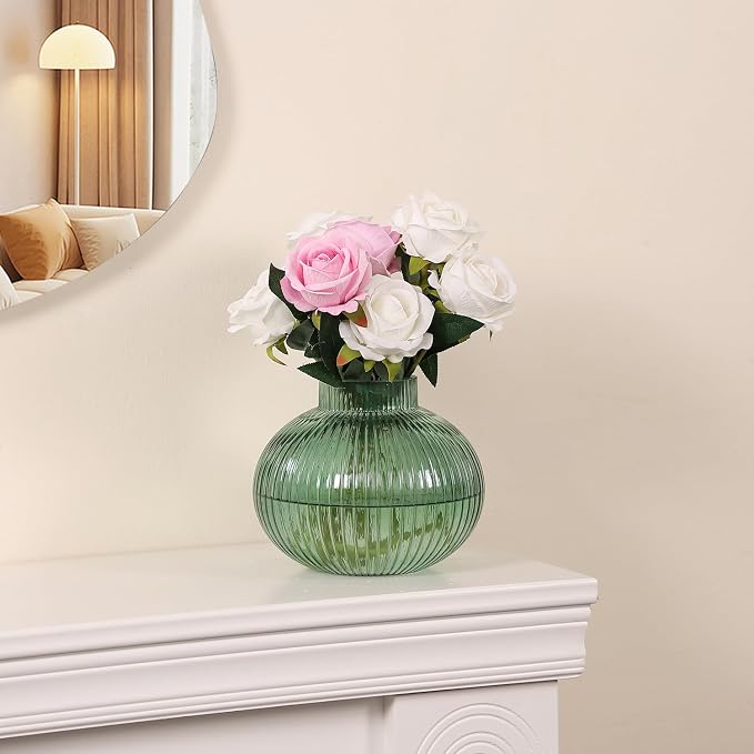 Green Glass Vase for Tulips, Ribbed Glass Vase for Flowers, Round Flower Vases - Image 7