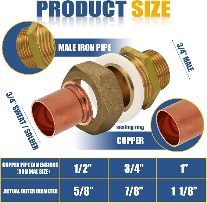 4 Pack 3/4" C x MIP LF Brass Pipe Copper Union Sweat to Male | - Image 3