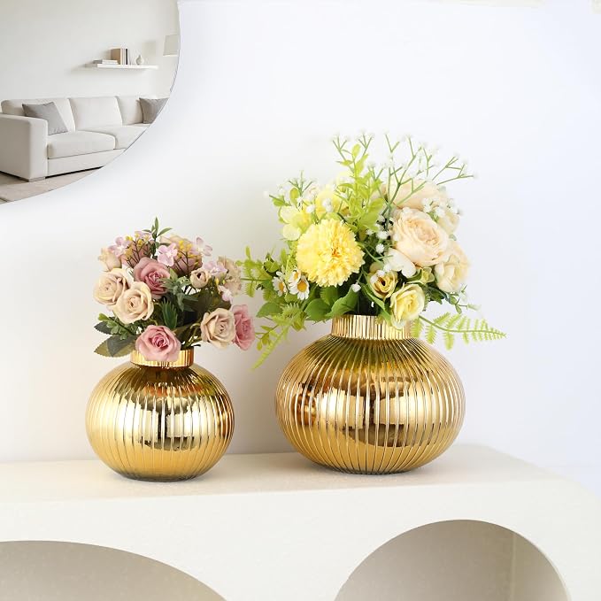 Gold Glass Vases for Tulips, Flower Vases for Bouquet, Ribbed Glass Vase for - Image 6