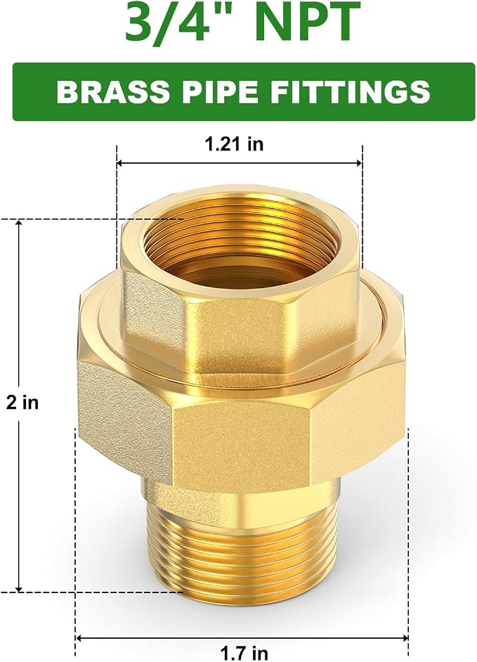 2PCS Brass Union，3/4" NPT Male x 3/4" NPT Female Brass Pipe Fitting - Image 2